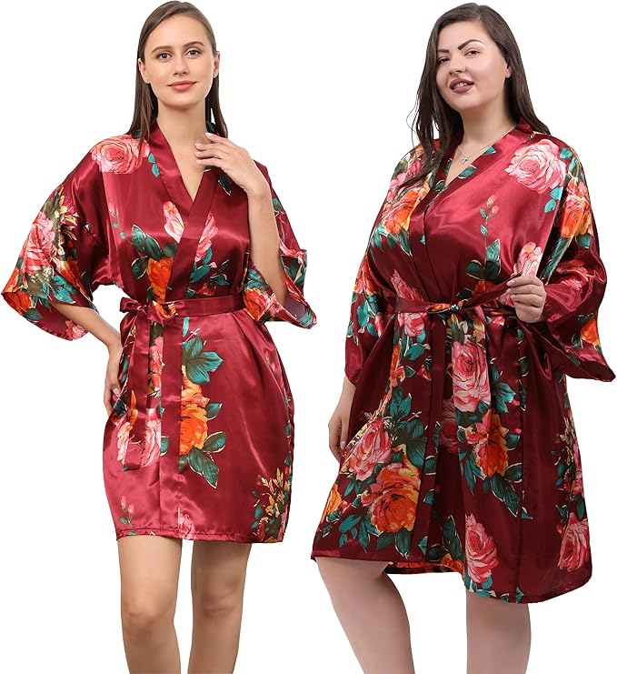 QXQTER Peony Floral Silky Satin Robe Wedding Bridal Party Bride Bridesmaid Robes for Women Dressing Gown Kimono Robe