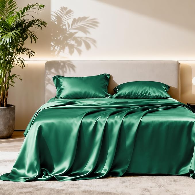 Love's cabin 4Piece California King Satin Bed Linen Set, Dark Green Silky Satin Sheets, Deep Pocket, Luxury Silk Feel, 1 Flat, 1 Fitted Sheet, 2 Pillow Cases