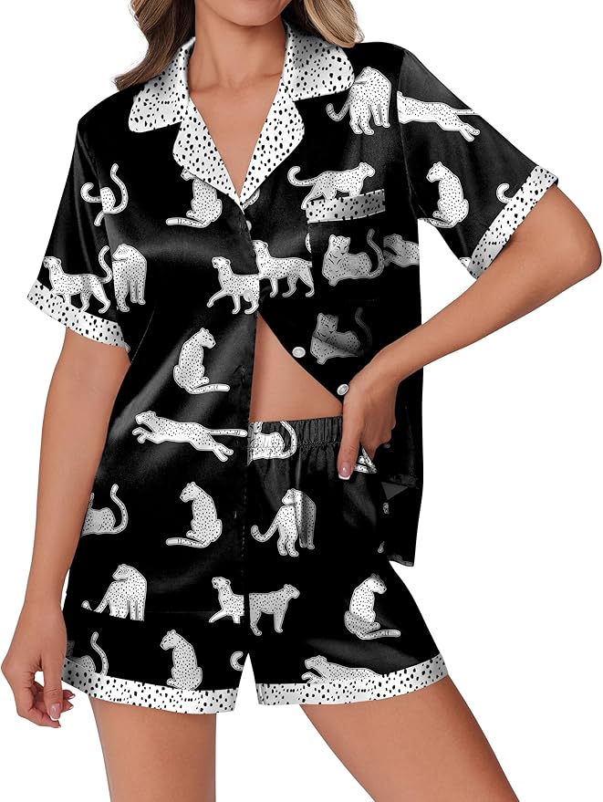 Ekouaer Womens Silk Satin Pajamas Set Animals Print Pjs Button Down Short Sleeve Lounge Set 2 Piece Sleepwear