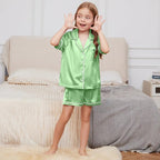 QPANCY Kids Satin Pajamas Sets Baby Boy Girl Button-Down Silk Sleepwear 2 Piece Short Sleeve Loungewear Clothes Set