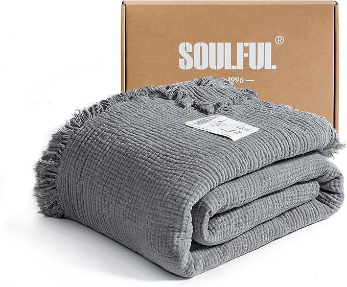 SOULFUL Muslin Throw Blanket with Tassels - Soft King Size Cotton Throw Blanket for Couch or Bed, Lightweight and Breathable Gauze for All Seasons, LightChampagne, 108" x 90"