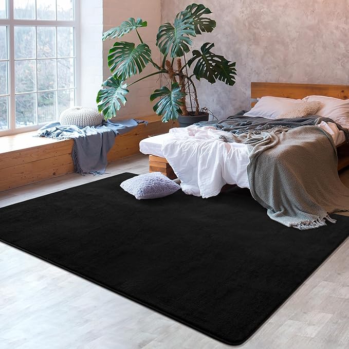 Softlife Area Rug for Bedroom Living Room, Solid Black Non-Slip 6x9 Fluffy Carpet with Soft Low Pile for Kids Boys Girls, Machine Washable Fuzzy Aethetic Rugs Home Dorm Decor