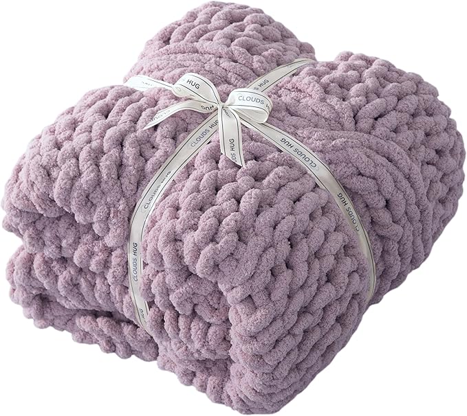 Chunky Knit Blanket Throw - 100% Hand Knitted Chunky Soft Throw Blanket for Couch, Thick and Warm Blanket for Winter, Purple, 40x50 Inches
