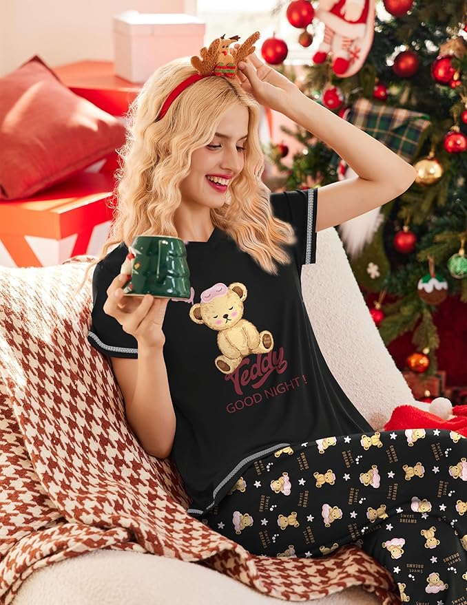 Ekouaer Women's Sleepwear Capri Pajama Sets Short Sleeve Two-Piece Pjs V Neck Tops & Capri Pants with Pockets S-3XL