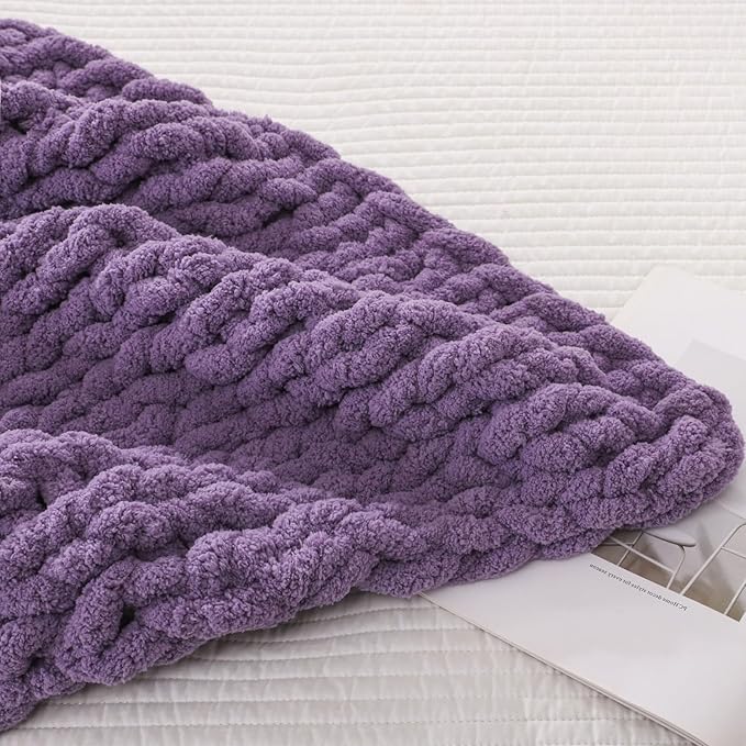 WESHIONGOO Chunky Knit Blanket Throw Knitted Throw Blankets for Couch Bed Fluffy Soft Blanket with Jumbo Chenille Yarn Thick 100% Handmade (Purple, 51"×63")
