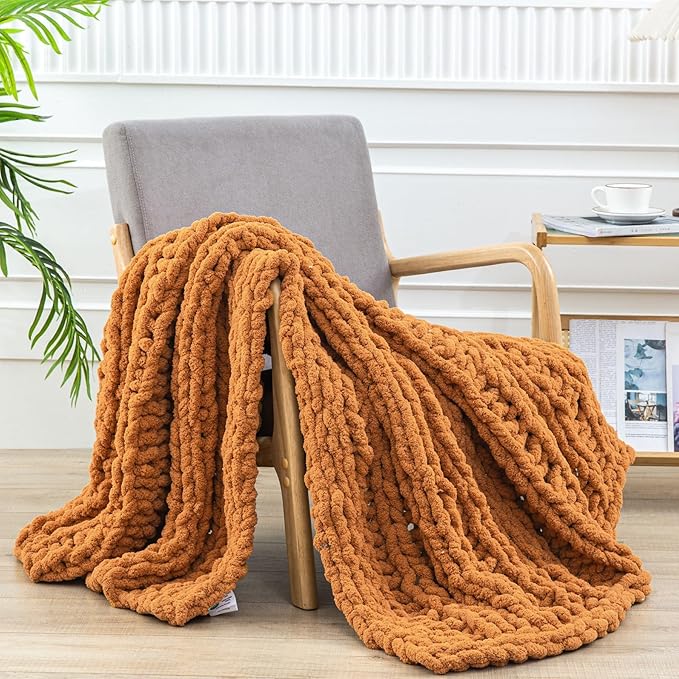 WESHIONGOO Chunky Knit Blanket Throw 40"×60" Knitted Throw Blankets for Couch Bed Fluffy Soft Blanket with Jumbo Chenille Yarn Thick 100% Handmade (Burnt Orange, Medium Size Throw)