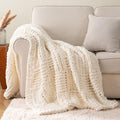 Bunnikins & Clover Cream White Hand Knitted Blanket with Chenille Yarn, Chunky Knit Ivory Throw Blanket for Bed Living Room Home Decor, 50"x60"