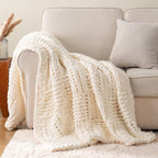 Bunnikins & Clover Cream White Hand Knitted Blanket with Chenille Yarn, Chunky Knit Ivory Throw Blanket for Bed Living Room Home Decor, 50"x60"