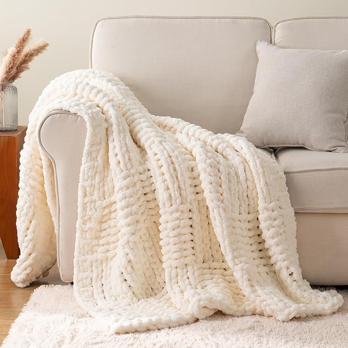 Bunnikins & Clover Cream White Hand Knitted Blanket with Chenille Yarn, Chunky Knit Ivory Throw Blanket for Bed Living Room Home Decor, 50"x60"