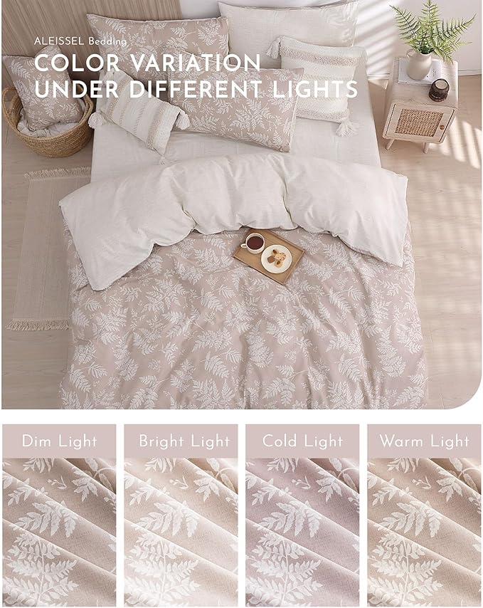 ALEISSEL Natural Cotton 3pcs Botanical Comforter Sets King Size-Dusty Pink Comforter with Luxurious White Leaves & Branches, Reversible Lightweight Beige Bedding Sets(King 104"×90")