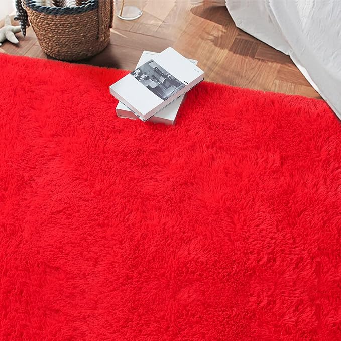 DETUM Red Shaggy Runner Rug 2x4 Fluffy Hallway Runners for Bedroom Bedside Soft Rugs for Kids Room Non-Slip Nursery Office Dorm Washable Carpets Home Decor