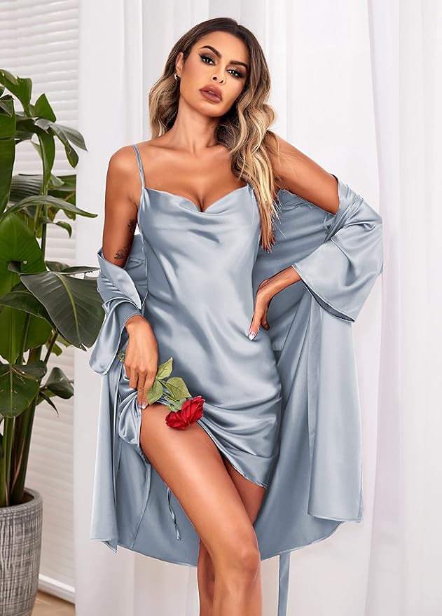 Ekouaer Women's Satin Robe Set Nightgown with Robes Silk Pajama Set 2 Pieces Lingerie Cowl Neck Cami Sleepwear Sets