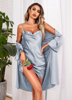 Ekouaer Women's Satin Robe Set Nightgown with Robes Silk Pajama Set 2 Pieces Lingerie Cowl Neck Cami Sleepwear Sets