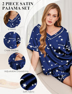 Silk Pajamas for Women Short Sleeve Satin 2 Piece Pj Set Soft V Neck Sleepwear Loungewear, S-XXL