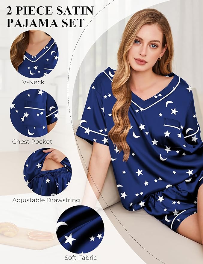 Silk Pajamas for Women Short Sleeve Satin 2 Piece Pj Set Soft V Neck Sleepwear Loungewear, S-XXL