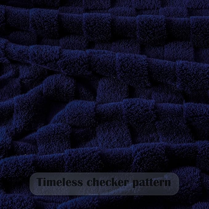 NEWCOSPLAY Super Soft King Blanket Dark Navy Premium Silky Flannel Fleece 3D Checkered Lightweight Bed Blanket All Season Use (Dark Navy Checkered, King(90"x110"))