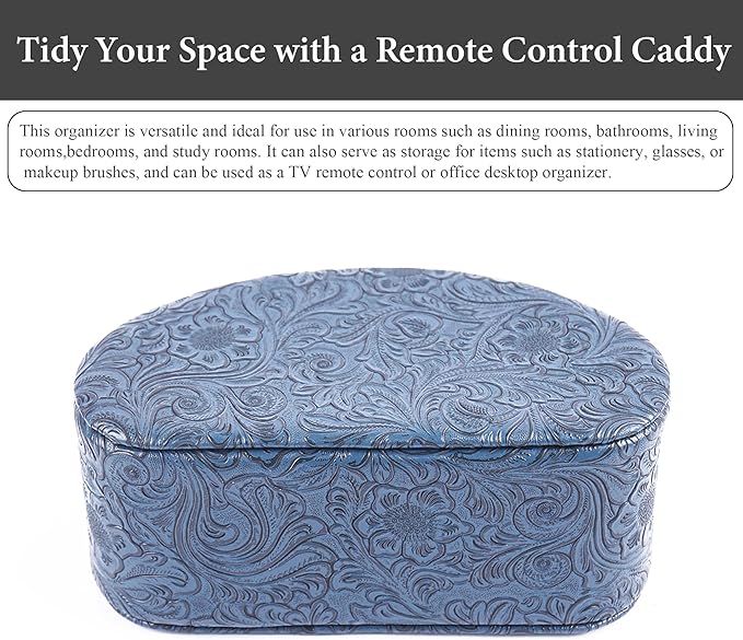 QIELIZI Remote Control Holder, PU Leather Remote Caddy Desktop Organizer with 5 Spacious Compartments for TV Remotes/Media Controllers/Office Supplies (1-Carved3 Blue