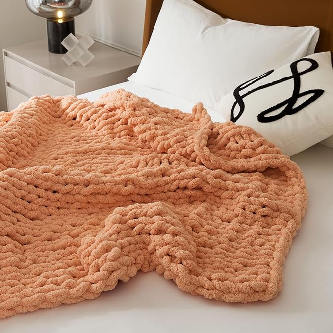 WESHIONGOO Chunky Knit Blanket Throw Knitted Throw Blankets for Couch Bed Fluffy Soft Blanket with Jumbo Chenille Yarn Thick 100% Handmade(Peach Fuzz, 51"×63")