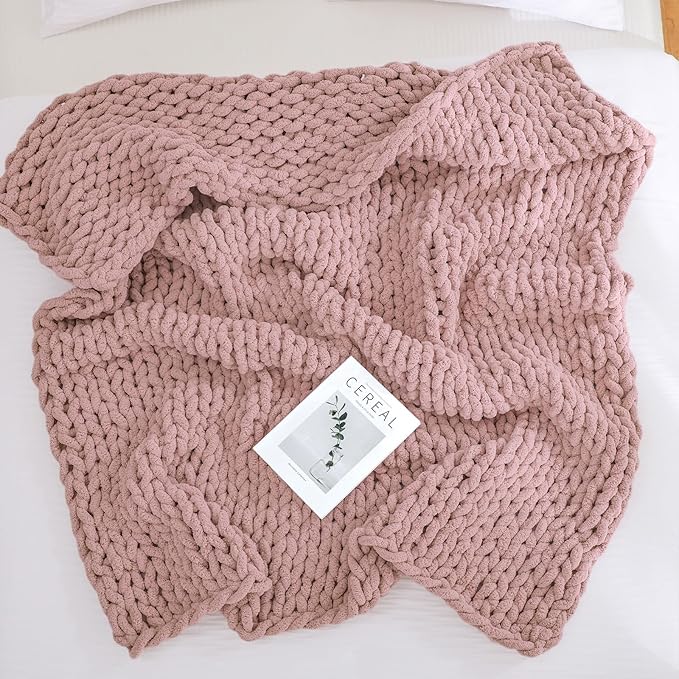 YAAPSU Chunky Knit Throw Blanket for Couch, 51"x63", 100% Hand Knitted Thick Cable Knit with Cozy Jumbo Chenille Yarn, Soft Large Rope Knot Crochet Blankets for Sofa Bed Living Room Décor, Dusty Pink