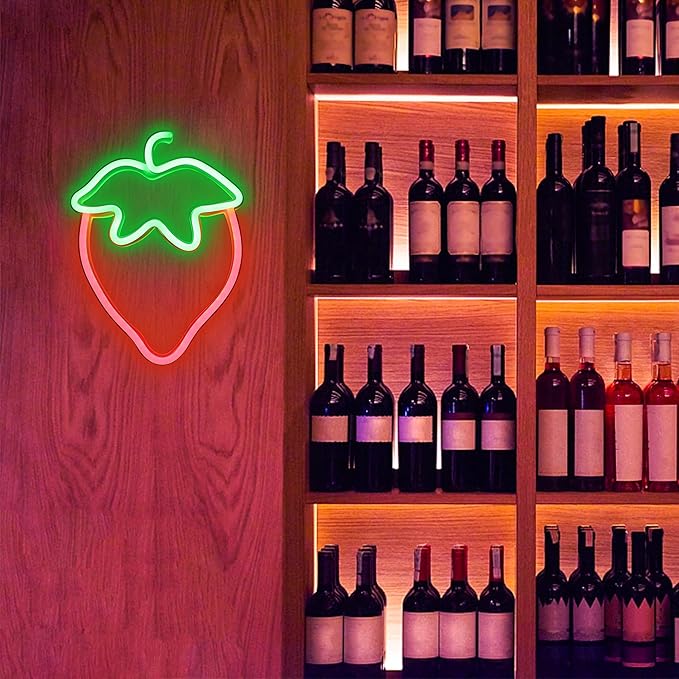 ENUOLI Strawberry Neon Sign Red Green Color Led Sign Fruit Shape Neon Light for Bedroom Wall Decor, Strawberry LED Neon Light, Bar, Fruit Shop,Kids Room Gift