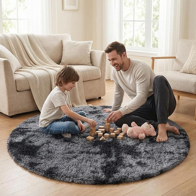 duduta Grey Round Rug for Kids Nursery Playroom, 4x4 ft Tie Dye Gray Fluffy Shag Rugs for Bedroom Classroom Dorm Decor, Washable Non Slip
