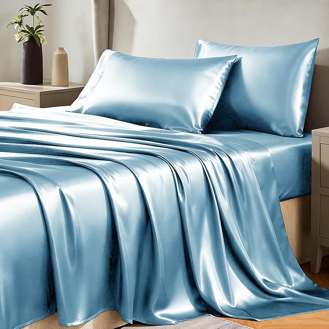 CozyLux Satin Sheets Queen Size Bed Set - 4 Piece Silky Queen Sheet Set, Luxury Sky Blue Queen Sheets with Smooth and Soft Microfiber, Includes 1 Fitted Sheet, 1 Flat Sheet and 2 Pillowcases