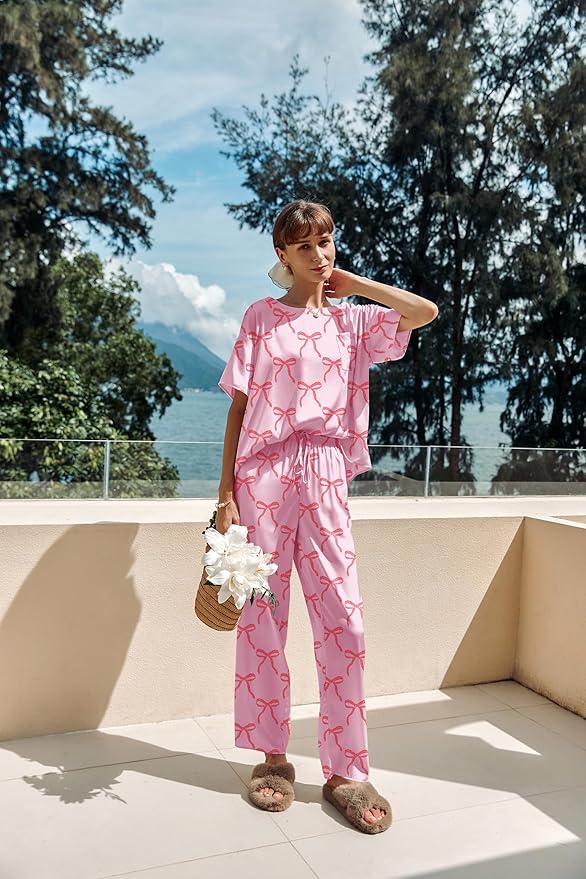 Ekouaer Womens Satin Silky Pajama Set Short Sleeve Shirt with Long Pajama Pant Set Soft PJ Loungewear