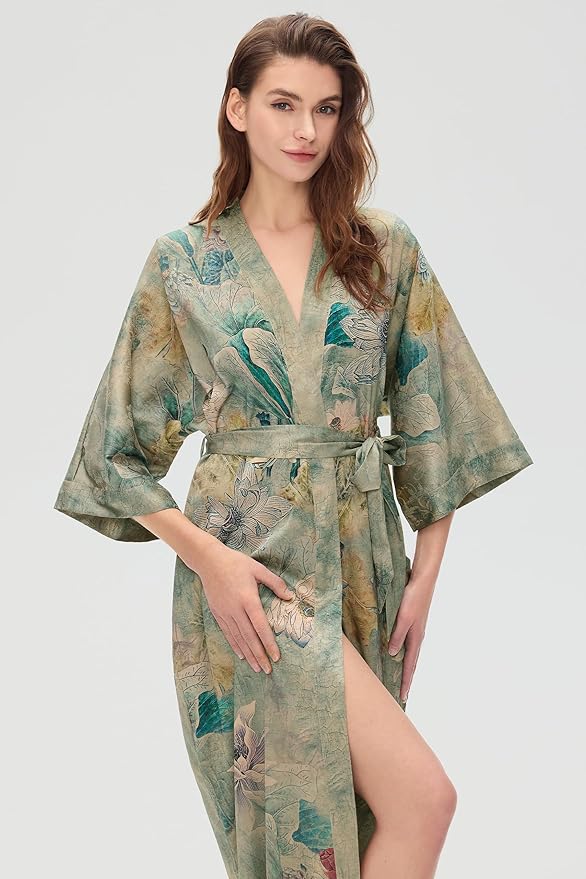 PRODESIGN Kimono Robes for Women - Long Silky Sleepwear Nightgown Bathrobe Floral Dressing Gowns Blouse Bride Bridesmaid Robe