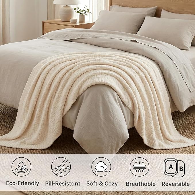 Buttery Soft Knit Throw Blanket 50x60 for Couch, Reversible Decorative Sofa Blanket, Lightweight Warm Microfiber Knitted Throw for Living Room, Bed, Farmhouse Cozy Gift, Ivory White