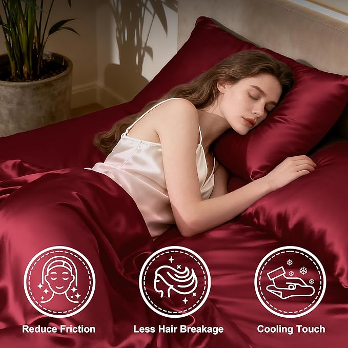 Love's cabin Full Size Satin Sheet Sets - 4 Piece Burgundy Silky Satin Sheet Set Full with Deep Pocket, Luxury Silk Feel Satin Bed Sheets Full Bedding Set (1 Flat Sheet,1 Fitted Sheet,2 Pillow Cases)
