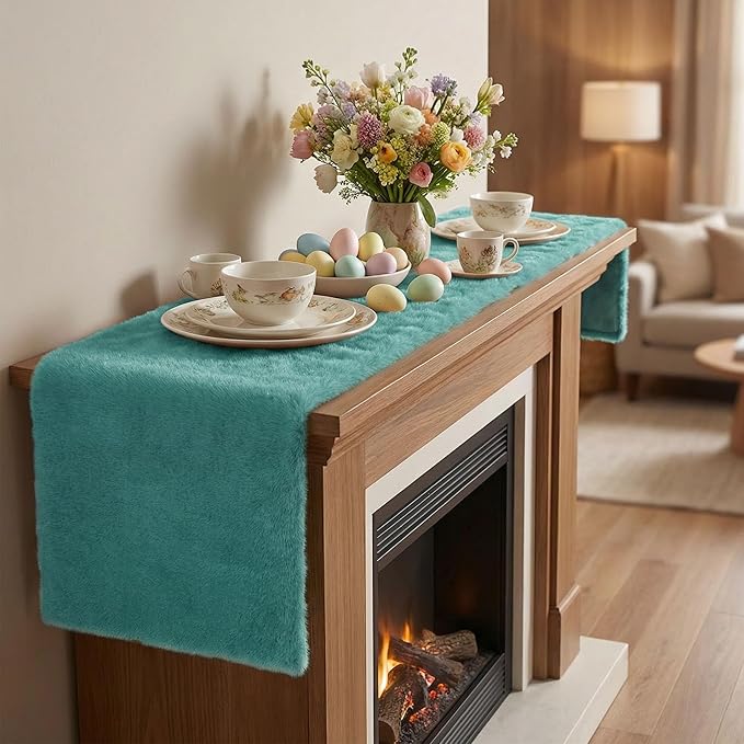 duduta Teal Blue Faux Fur Table Runner 72 inches Long, Fluffy Dresser Runner Covers Spring Easter Home Decor