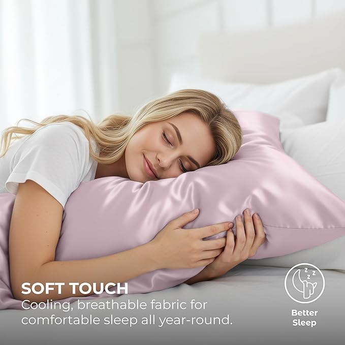 Pure Bedding Satin Pillowcase 2 Pack - Queen Size (20"x30", Champagne Pink) - Silky Pillow Cases for Hair and Skin - Satin Pillow Covers with Envelope Closure - Extra Soft Premium Microfiber