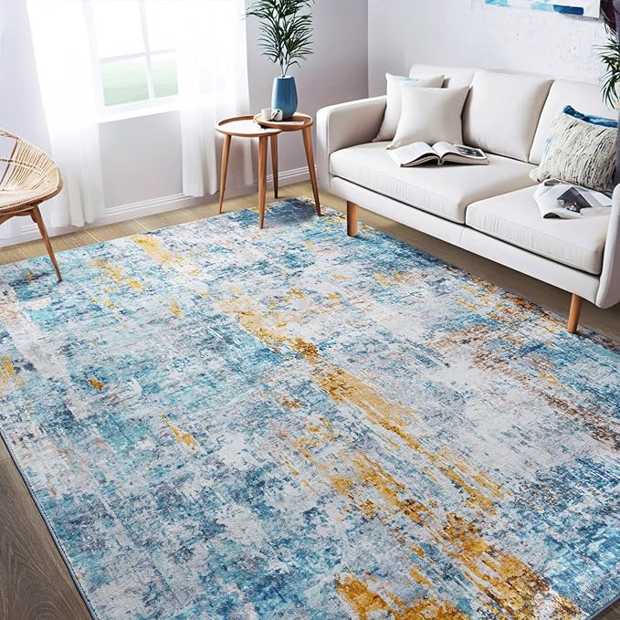 Area Rug 5x7 Washable Rugs Modern Abstract Area Rug Soft Non-Slip Non-Shedding Faux Wool Stain Resistant Floor Carpets for Living Room Bedroom Dining Room Kids Room Home Office (Teal, Rust)