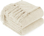 Chenille Throw Blanket for Couch with Tassels,60"X80" Soft Cozy Lightweight Knitted Boho Decorative Blankets for Bed and Sofa,Cream
