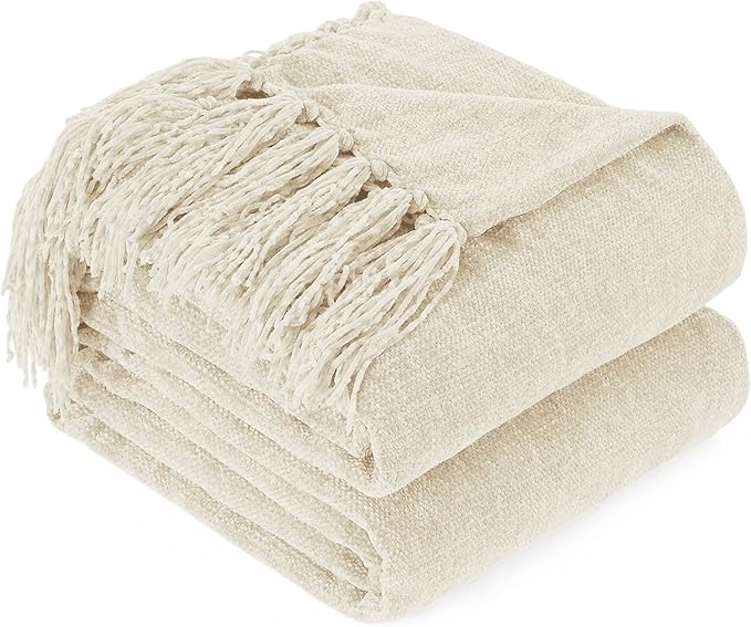 Chenille Throw Blanket for Couch with Tassels,60"X80" Soft Cozy Lightweight Knitted Boho Decorative Blankets for Bed and Sofa,Cream
