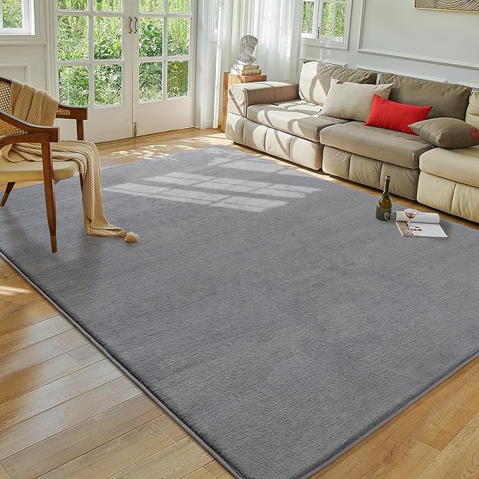 Softlife Area Rug for Bedroom Living Room, Solid Grey Non-Slip 6x9 Fluffy Carpet with Soft Low Pile for Kids Boys Girls, Machine Washable Fuzzy Aethetic Rugs Home Dorm Decor