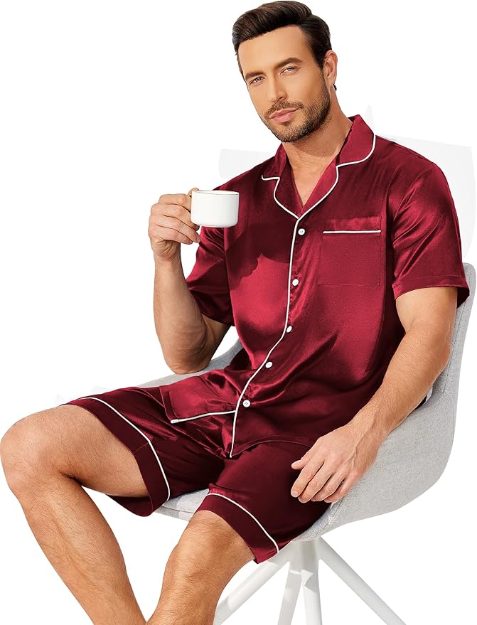 Ekouaer Mens Pajamas Set Silk Satin Sleepwear Short Sleeve Button Down Pjs Set 2 Piece Loungewear with Pockets S-XXL