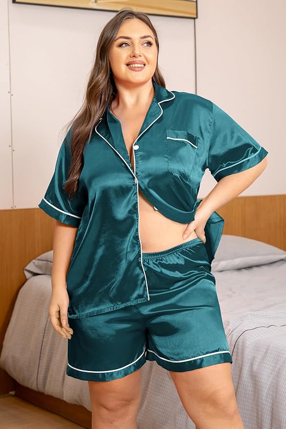 Vozanet Women's Short Sleeve Satin Pajama Sets Silky Ladies Button Down Loungewear Plus Size Nighty Shorts Sets XL to 5XL