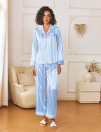 Ekouaer Womens Silk Satin Pajama Sets 2 Piece Sleepwear Pjs Set Long Sleeve Button Down Top and Pants Stripe Loungewear S-XXL