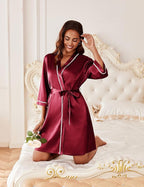 Ekouaer Women's Satin Robe Short Bridesmaid Bride Feather Bridal Robe Kimono Silky Long Sleeve Bathrobe S-XXL