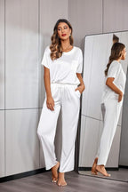 Ekouaer Womens Satin Silky Pajama Set Short Sleeve Shirt with Long Pajama Pant Set Soft PJ Loungewear