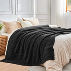 NEWCOSPLAY Super Soft King Blanket Black Premium Silky Flannel Fleece 3D Waffle Checkered Lightweight Bed Blanket All Season Use (Black, King(90"x110"))