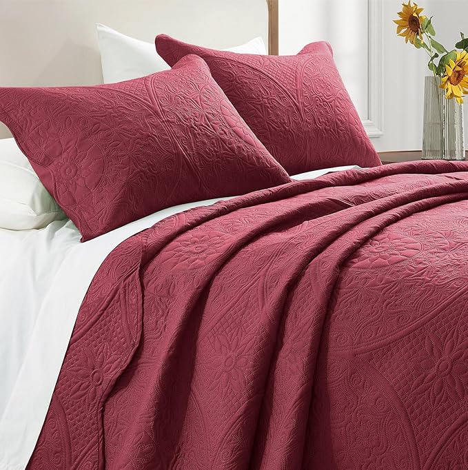 IR Imperial Rooms King Quilt Bedding Set Size (106" x 96") + 2 Pillow Shams (20" x 36"+ 2") - 3 Pcs All Season Lightweight Reversible Microfiber Coverlet Floral Embossed Quilt Bedspread (Burgundy)