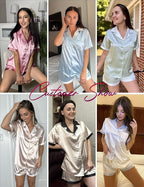 Ekouaer Womens Silk Satin Pajama Set Short Sleeve PJs 2 Piece Button Down Top and Shorts Notch Collar Sleepwear Sets Soft Pjs