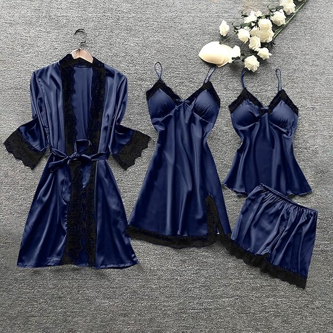 Women's 4pcs Silk Satin Pajamas Set Floral Lace Trim Dress with Robe Lounge Sleepwear Nightdress Novelty Loungewear