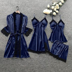 Women's 4pcs Silk Satin Pajamas Set Floral Lace Trim Dress with Robe Lounge Sleepwear Nightdress Novelty Loungewear