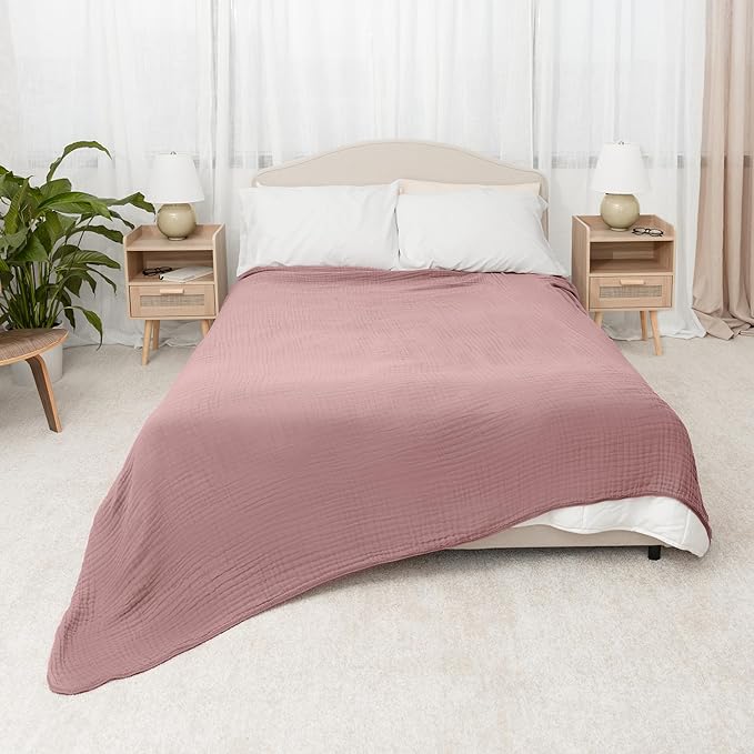 Comfy Cubs Muslin Blanket for Adults Queen 90" x 90" - 6 Layer Soft, Breathable & Lightweight Muslin Adult Blanket - Machine Washable & Designed in The US Bedding for All Seasons - Mauve