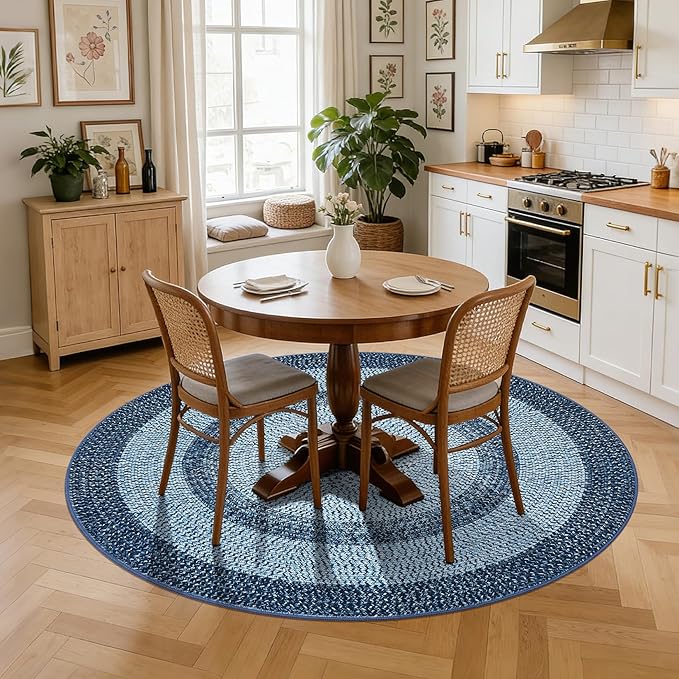 Modern Bordered Round Area Rug 4ft Washable Bedroom Circle Rugs Non Slip Stain Resistant Dining Room Round Throw Carpet Contemporary Circle Mats for Living Room Kitchen Nursery, Blue