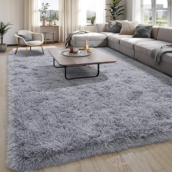 KING DARE Grey Fluffy Rug 5x7, Washable Plush Fuzzy Shaggy Non-Slip Soft Carpet for Bedroom Living Room Dorm Playroom Kids Room, Modern Home Decor Aesthetic