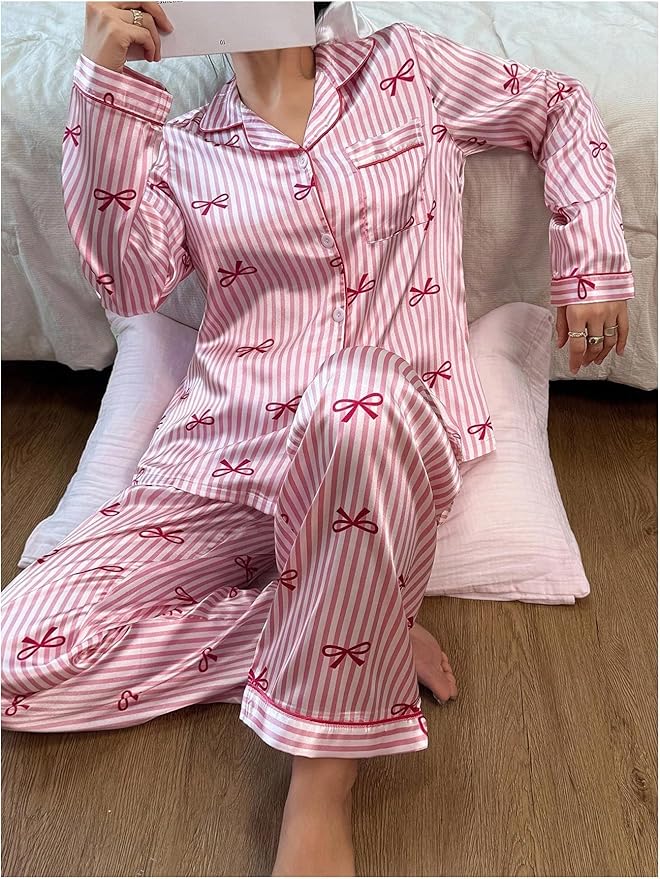 WDIRARA Women's 2 Piece Bowknot Print Satin Pajama Set Long Sleeve Button Down Lounge Pants Sleepwear Sets